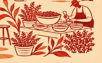איור: דוכן אוכל עם קערות ועשבי תיבול
